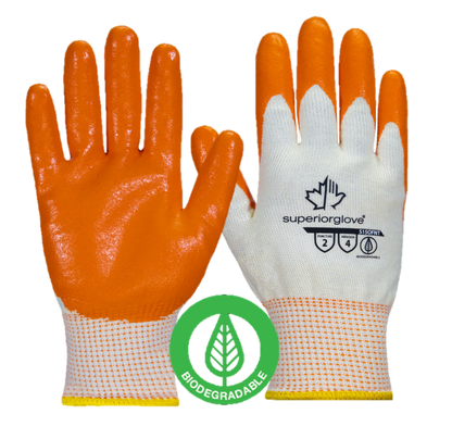 Superior Glove® biodegredable Dexterity® S15OFNT 15-gauge 100% virgin cotton seamless knit work gloves with hi-vis orange foam nitrile coating preserves the planet while providing ANSI rated abrasion and puncture protection.