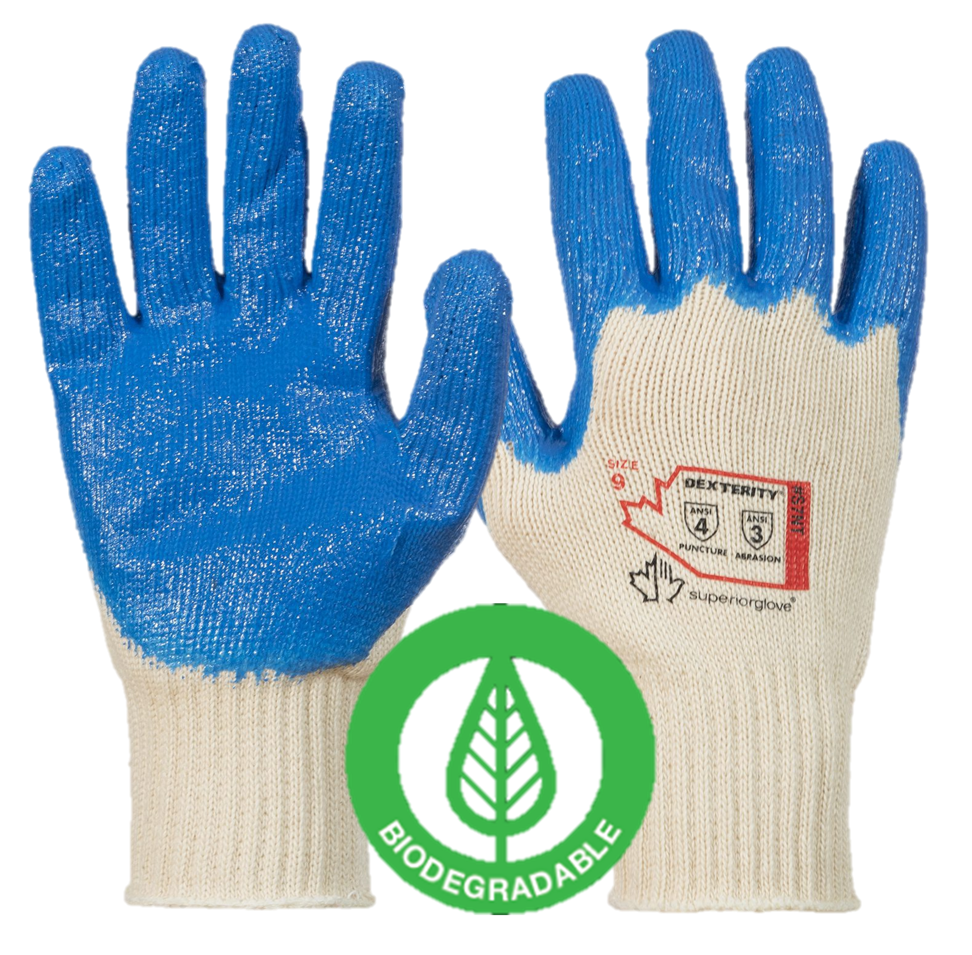 Superior Glove® Dexterity® 7-gauge 100% cotton seamless knit with blue nitrile coated palms provides great comfort and performance in a medium-duty, general-purpose glove which is 100% biodegradable.