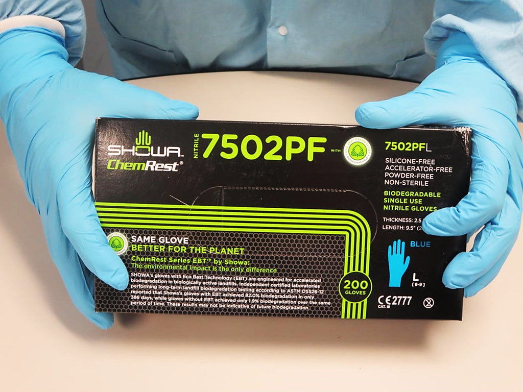 These skin-friendly GreenCircle® certified Showa® 7502PF Accelerator-Free Single-Use Latex-Free 2.5-mil Blue Nitrile Gloves with EBT (Eco-Best Technology®) comply with FDA regulations for safe food contact.