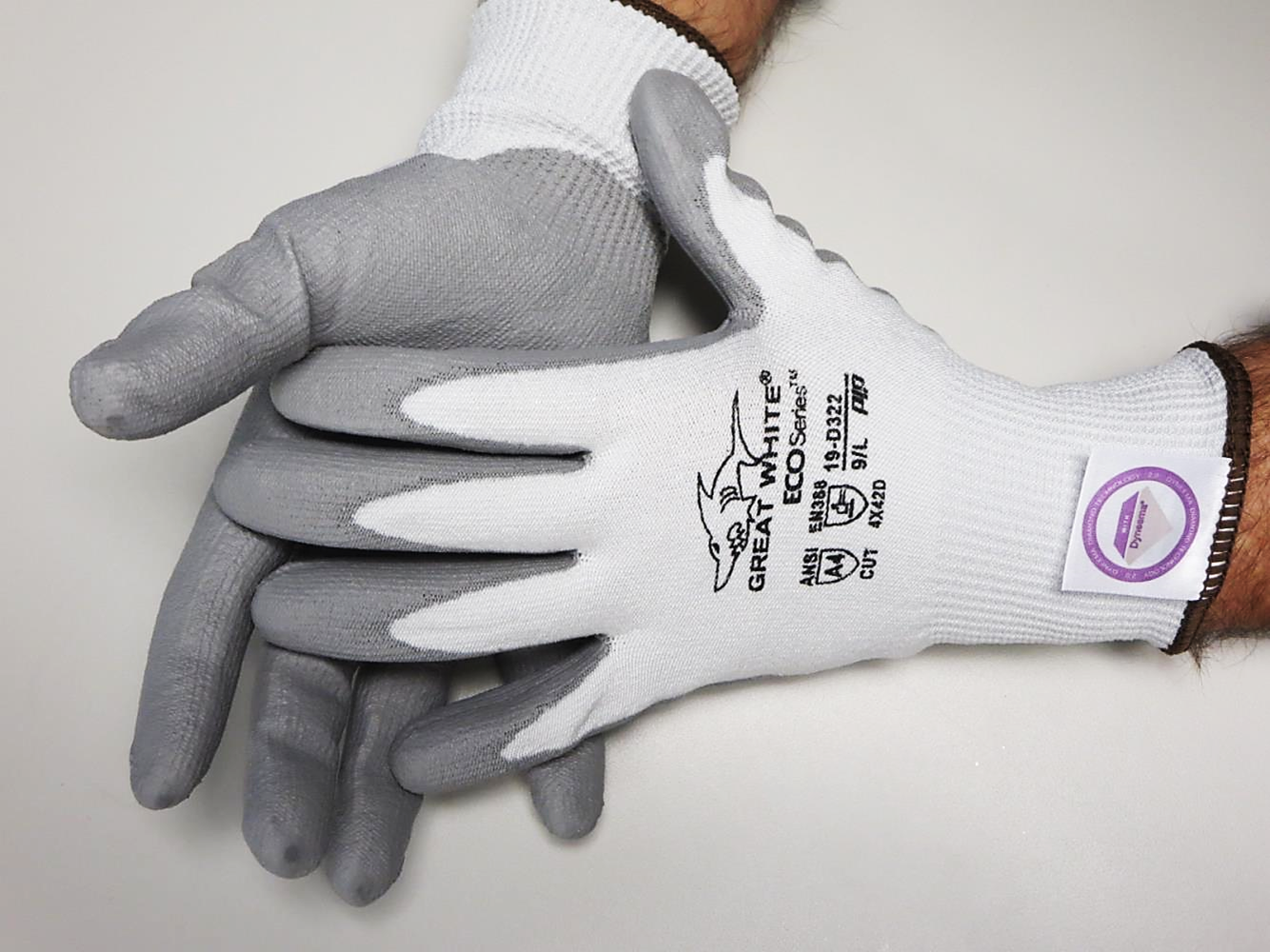 Great White® G-Tek ECOSeries 19-D322 PU Coated Dyneema® Diamond A4  Seamless Knit Cut-Resistant Work Gloves utilizes Bio-Based Fibers From P.E.T. Water Bottles
