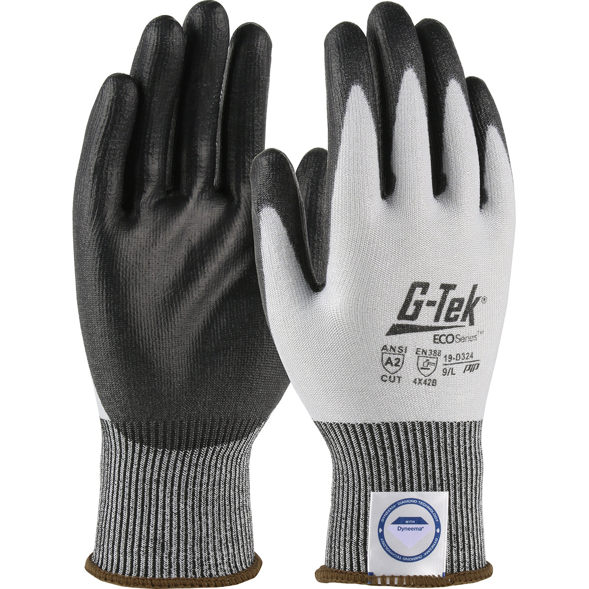 Divert landfill with these sustainable G-Tek® 19-D324 ECO Series™ Dyneema® PU coated cut level A2 industrial work safety gloves from PIP® - uses the latest in bio-based and recycled fiber technologies derived from discarded P.E.T. bottles.