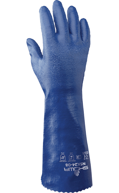 These TAA compliant, GreenCircle certified FDA food compliant Showa® NSK24 14-inch 15-mil cotton-lined full coated nitrile gloves with EBT (Eco-Best Technology®) provide chemical protection against acids, oil, hydrocarbons.