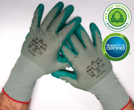 Showa® 383 Sustainable General-Duty Microporous Nitrile Coated Multi-Purpose Industrial Work Gloves with Eco-Best Technology® provides accelerated biodegradation in landfill. 