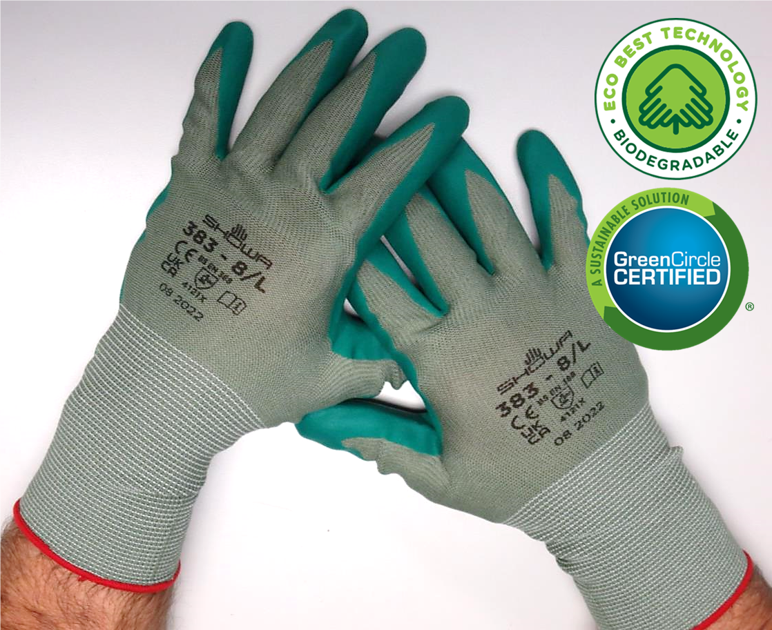 Showa® 383 Sustainable General-Duty Microporous Nitrile Coated Multi-Purpose Industrial Work Gloves with Eco-Best Technology® provides accelerated biodegradation in landfill. 