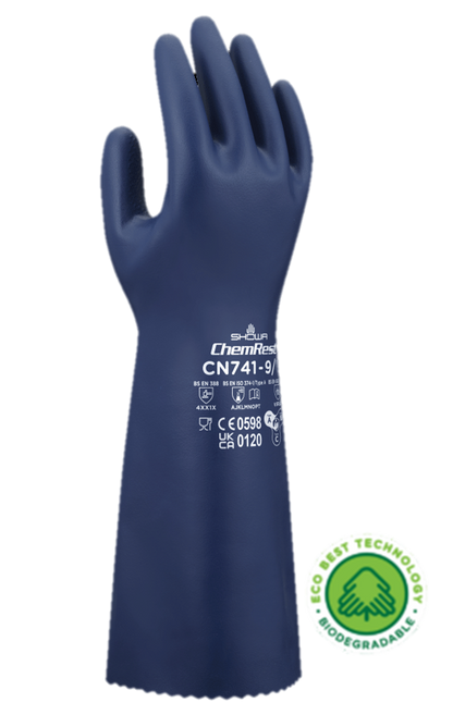 These GreenCircle certified biodegradable Showa® CN741 15-inch 15-mil reusable chemical-resistant nitrile gloves with EBT (Eco-Best Technology®) and innovative flocking particles are FDA food compliant.