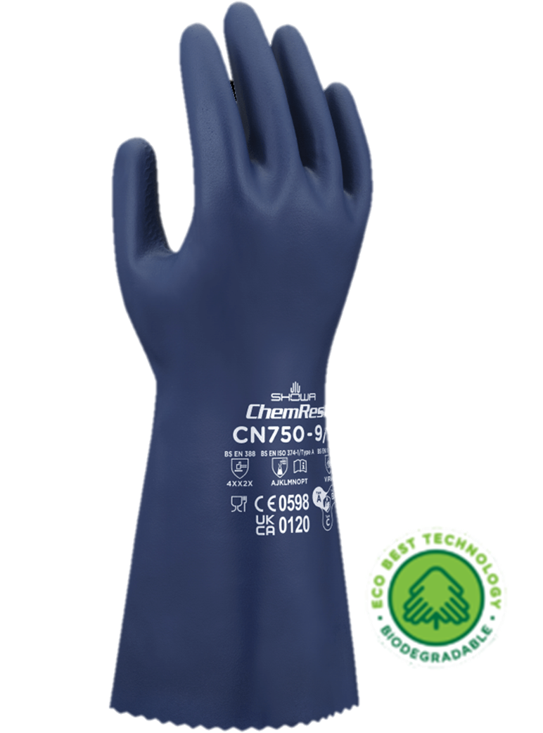 These GreenCircle certified biodegradable Showa® CN750 13-inch 18-mil reusable chemical-resistant nitrile gloves with EBT (Eco-Best Technology®) and innovative flocking particles are FDA food compliant.