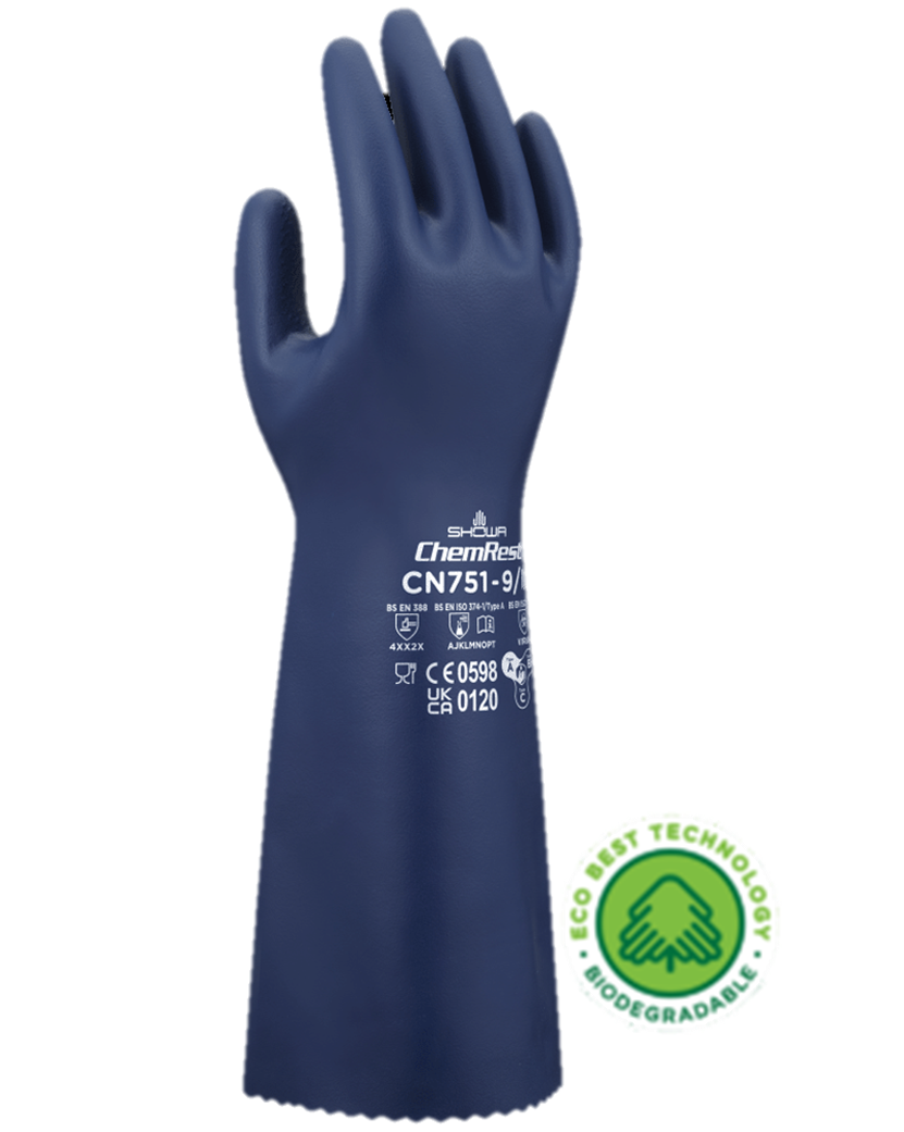 These GreenCircle certified biodegradable Showa® CN751 15-inch 18-mil reusable chemical-resistant nitrile gloves with EBT (Eco-Best Technology®) and innovative flocking particles are FDA food compliant.