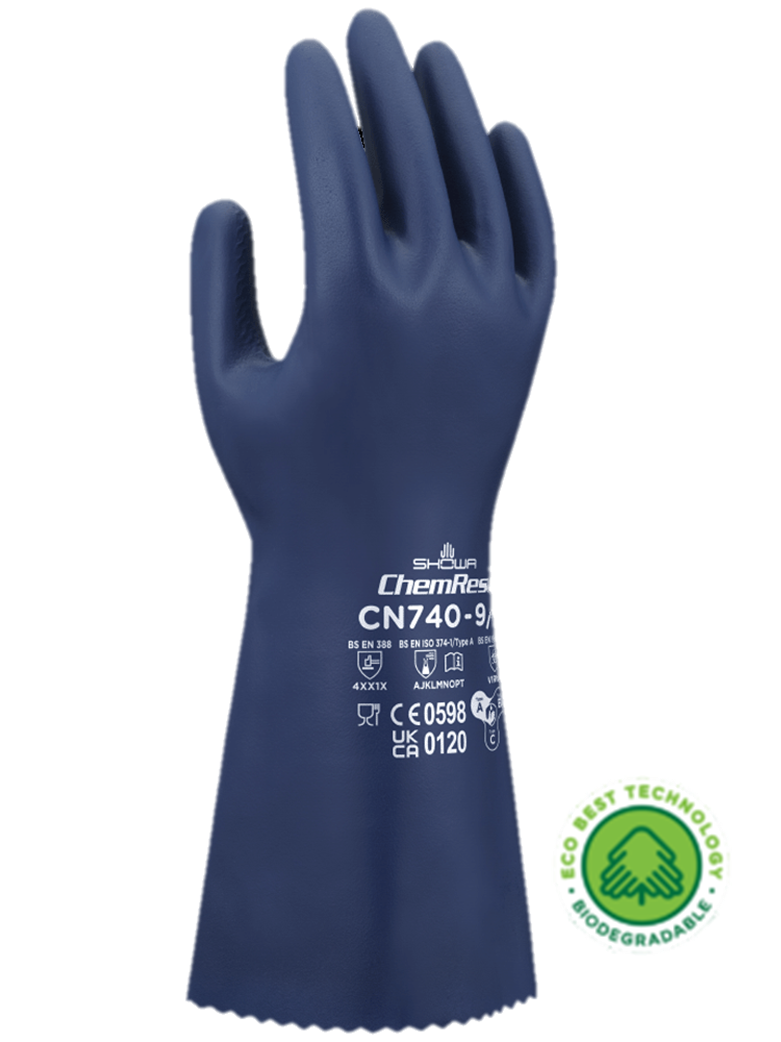 These GreenCircle certified biodegradable Showa® CN740 13-inch 15-mil reusable chemical-resistant nitrile gloves with EBT (Eco-Best Technology®) and innovative flocking particles are FDA food compliant.