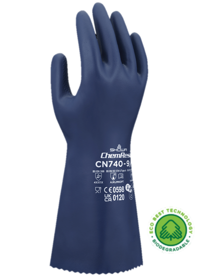 These GreenCircle certified biodegradable Showa® CN740 13-inch 15-mil reusable chemical-resistant nitrile gloves with EBT (Eco-Best Technology®) and innovative flocking particles are FDA food compliant.