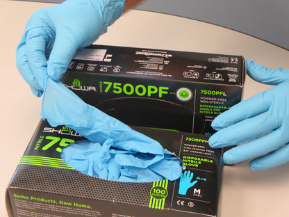 These GreenCircle® Certified Showa® 7500PF Single-Use Powder-Free Latex-Free 4-mil Blue Nitrile Gloves with EBT (Eco-Best Technology®) accelerated biodegradation decomposes 82% in 386 days.