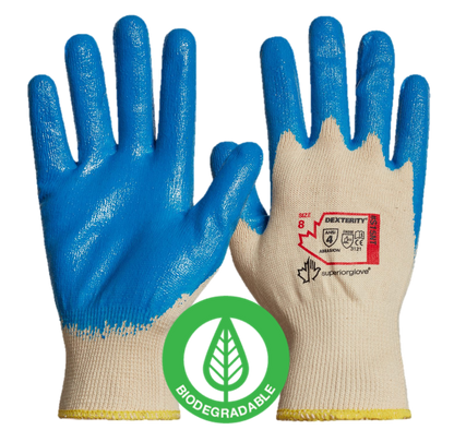 Superior Glove® Dexterity® NT 15-gauge Cotton Knit with Nitrile Palms are 100% biodegredable and provides superior abrasion and puncture resistance.