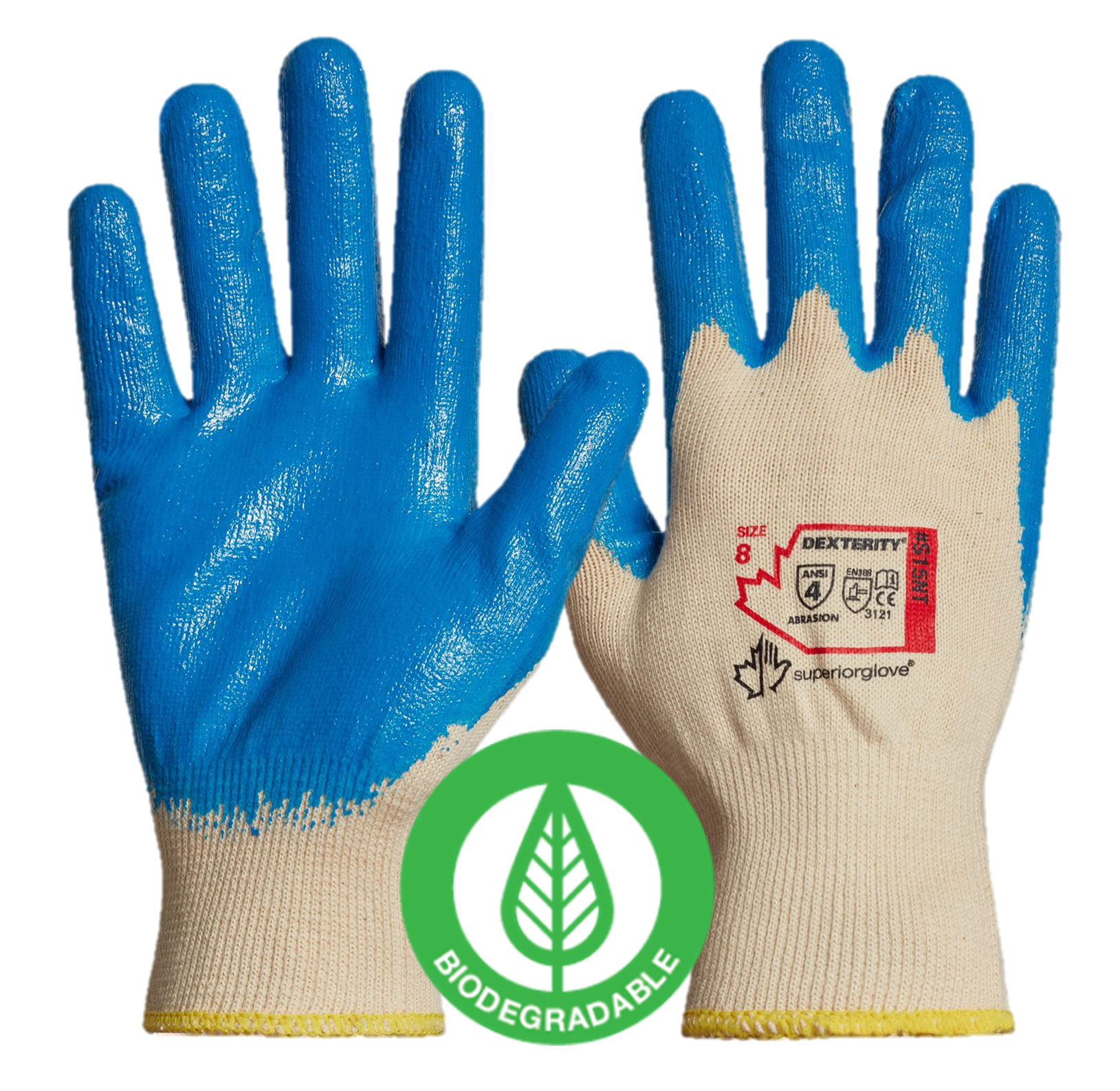 Superior Glove® Dexterity® NT 15-gauge Cotton Knit with Nitrile Palms are 100% biodegredable and provides superior abrasion and puncture resistance.