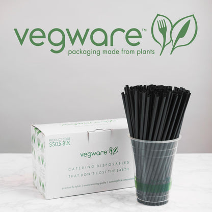 Made from sustainable FSC/SFI premium paper, these Vegware 5.5-inch/6mm black cocktail paper straws are certified compostable and designed to last for hours in cold drinks.